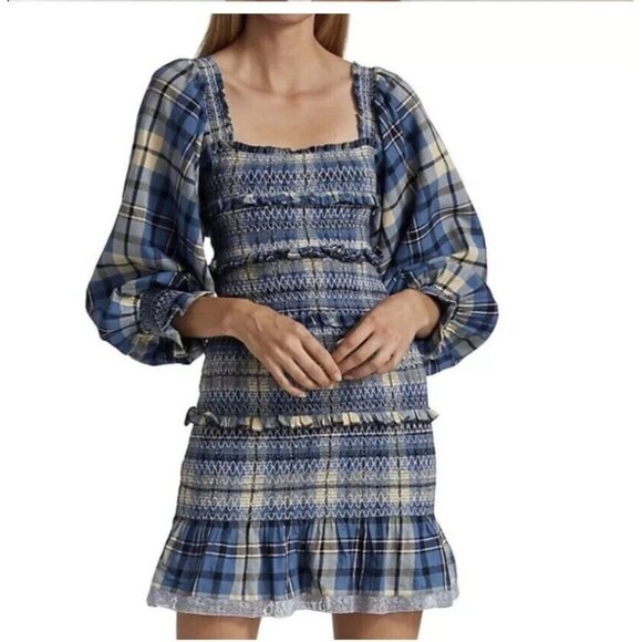 LoveShackFancy Stanley Smocked Plaid Dress in Blue Yellow Denim Skies Size Large - Picture 3 of 12